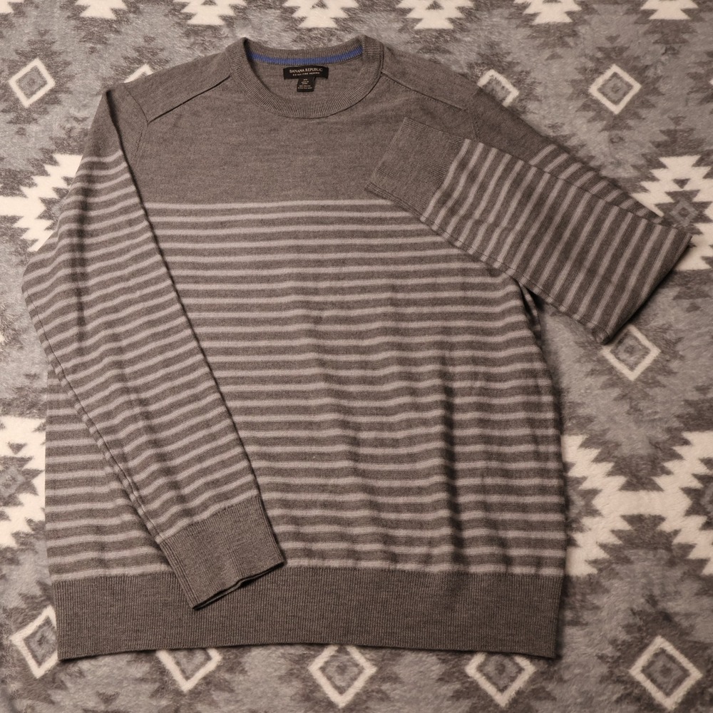 Banana Republic Extra Fine Merino Wool Sweater Mens XL Striped Grey Crewneck